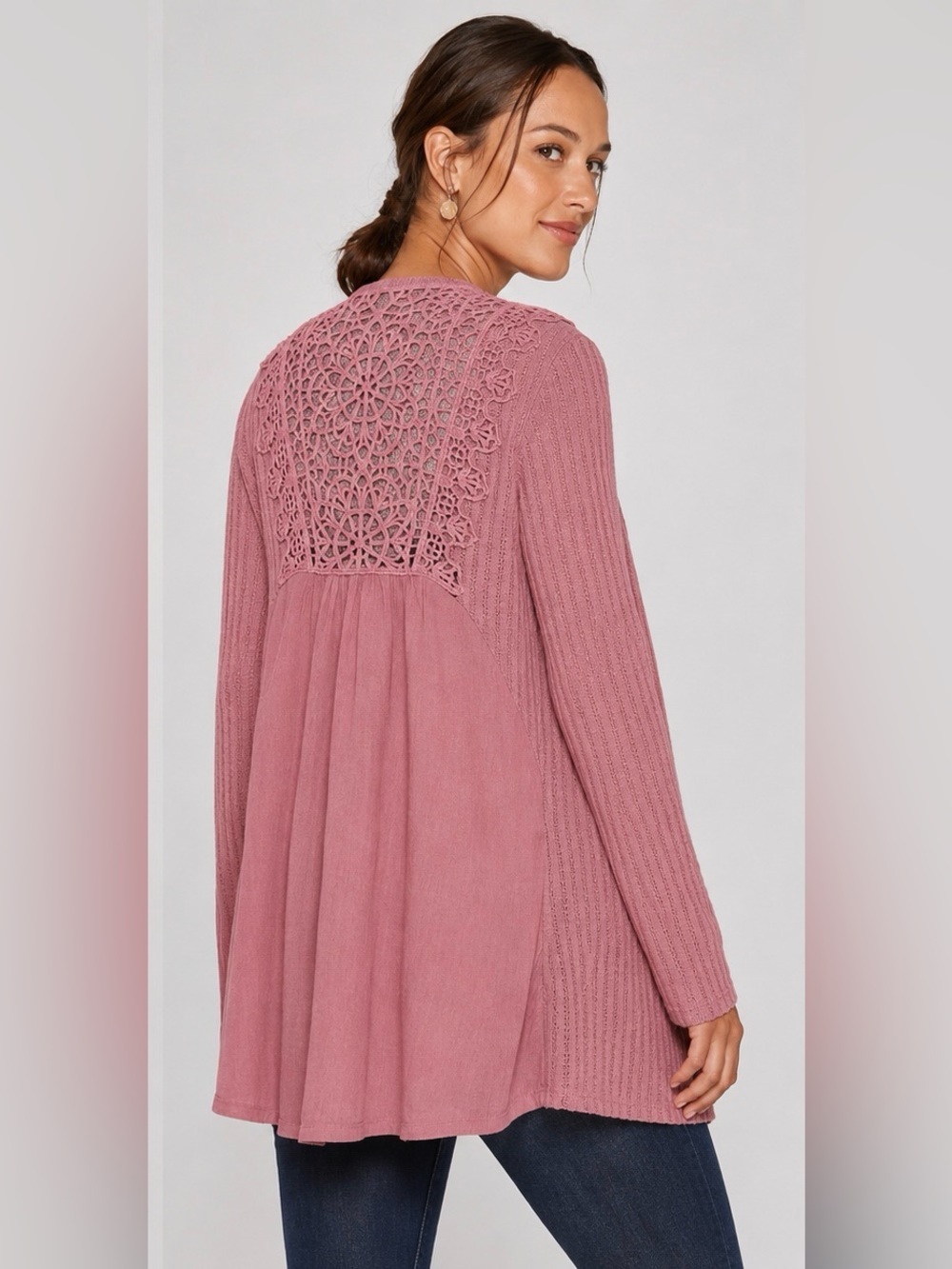 Knox Rose Mauve Crochet Back Boho Tunic Top Size Medium - Picture 2 of 8